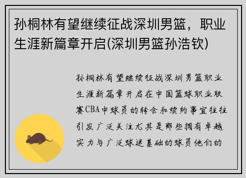 孙桐林有望继续征战深圳男篮，职业生涯新篇章开启(深圳男篮孙浩钦)