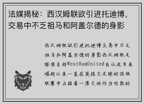 法媒揭秘：西汉姆联欲引进托迪博，交易中不乏祖马和阿盖尔德的身影